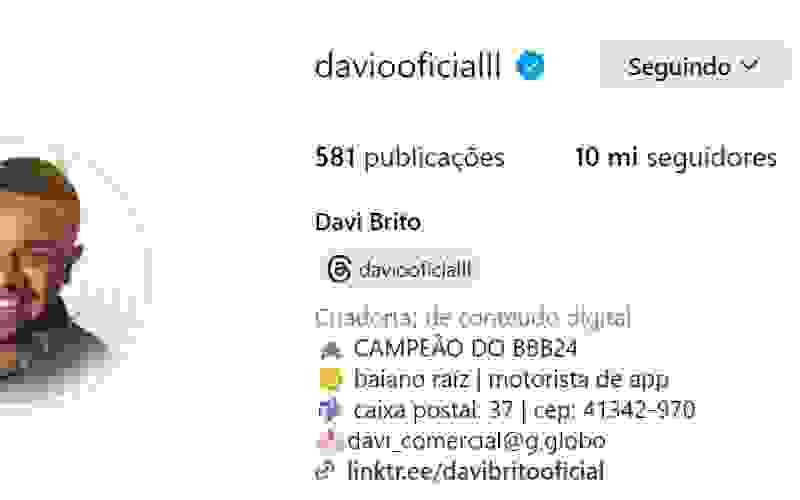 Campeão do BBB 24, Davi atinge 10 milhões de seguidores